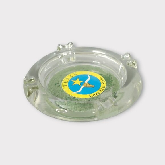 Texas Lone Star State Glass Ashtray Round 4 Slot Longhorn Souvenir Yellow Blue - Picture 5 of 11